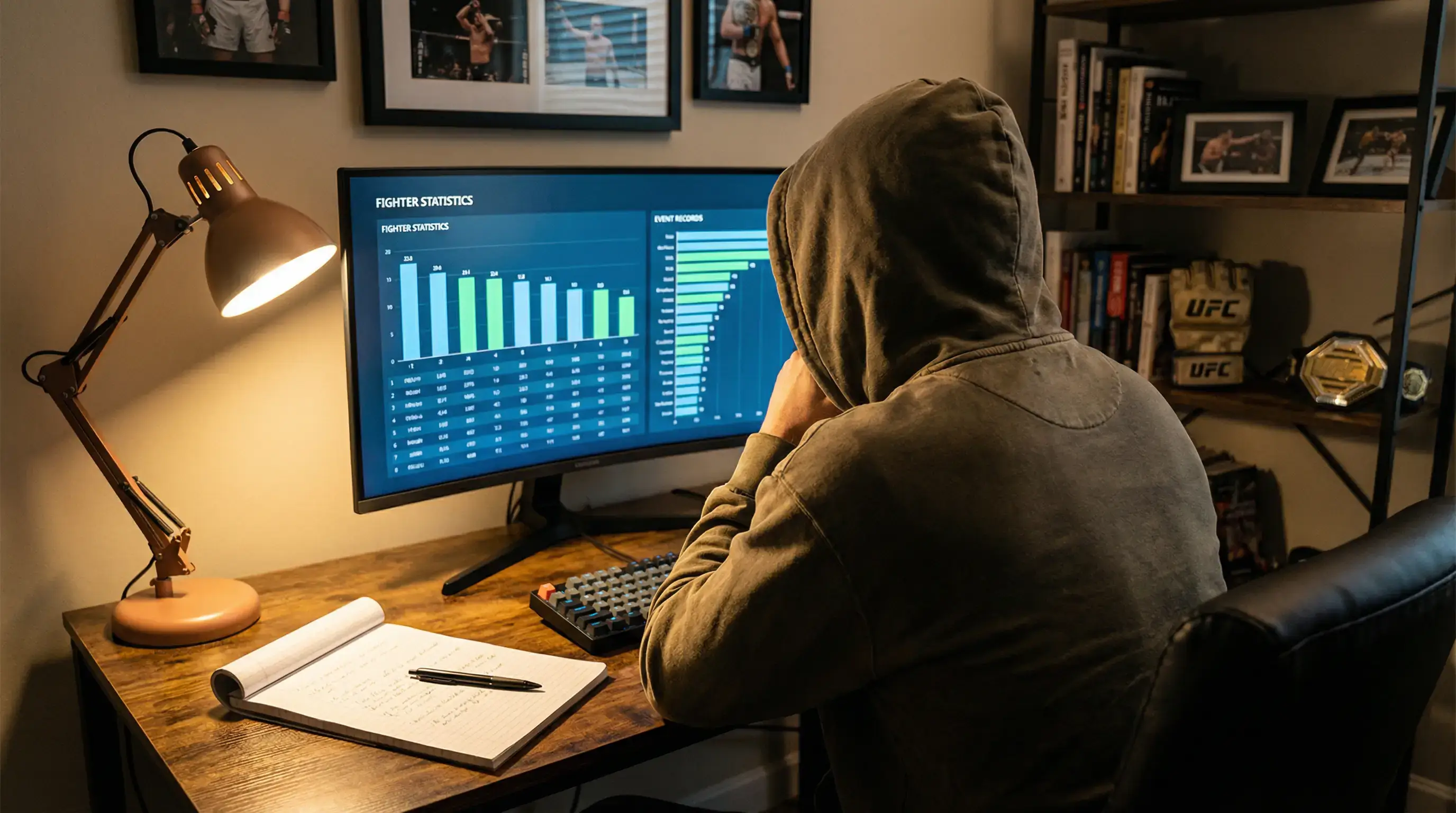 Analista estudando estatísticas de lutadores de MMA num ecrã de computador